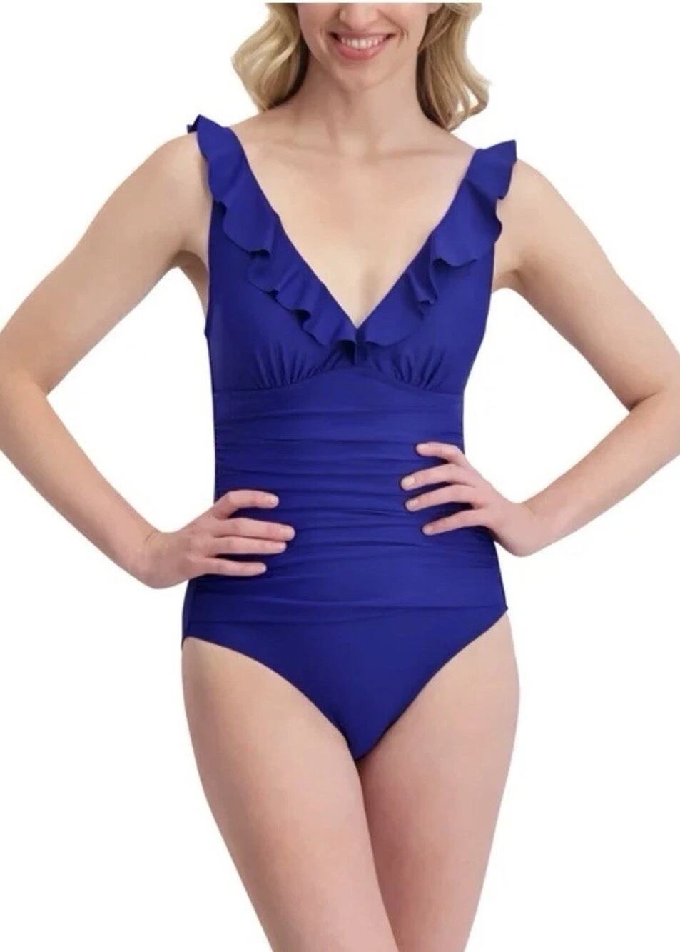 DKNY Medium M Ruffle Plunge Removable Cups Tummy Control One-Piece Swimsuit